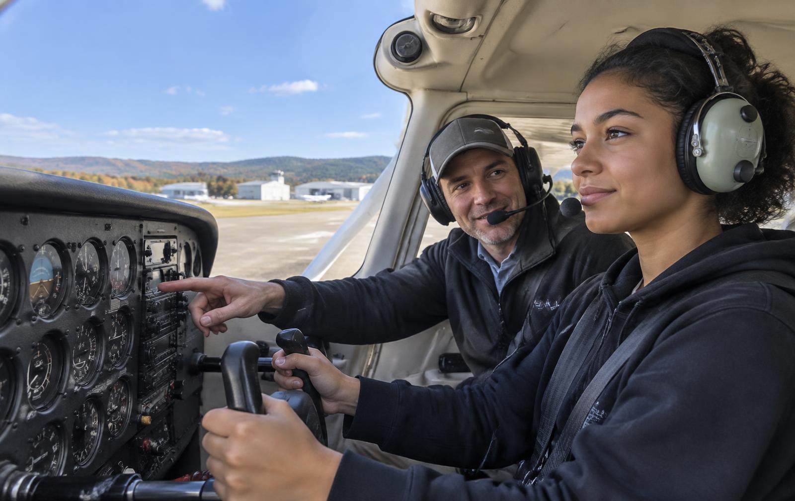 Student holding the controls of a training aircraft alongside a flight instructor