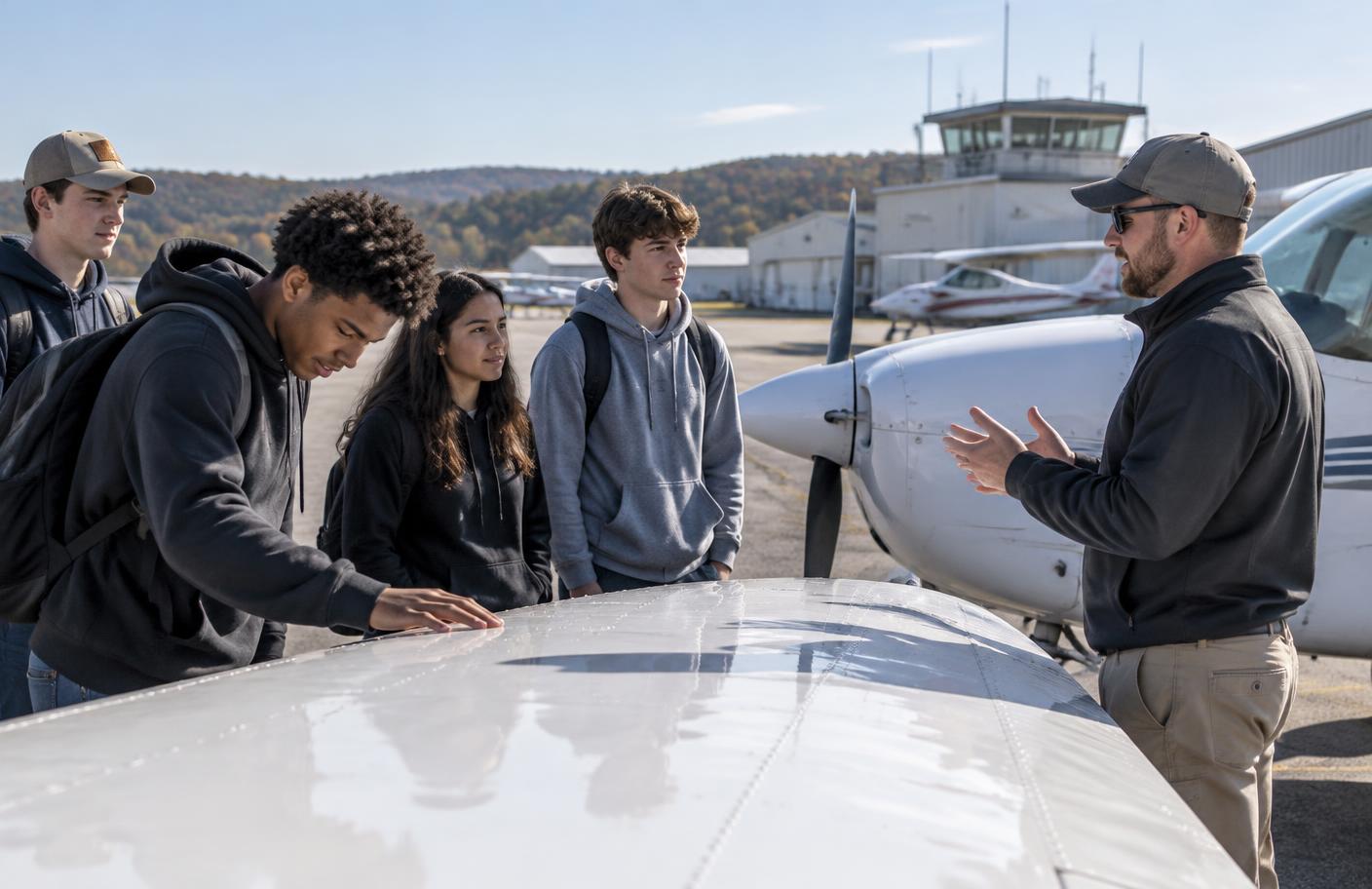 High school students learn about a small training aircraft with an instructor